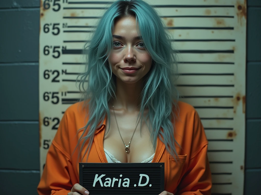 biracial latina woman, no make up, tired, messy long light blue hair, light blue eyes,large breasts, mug shot, wear orange inmates ,Résolution Haute,hold Identification panel with "Karia.D" write on it, smile lightly