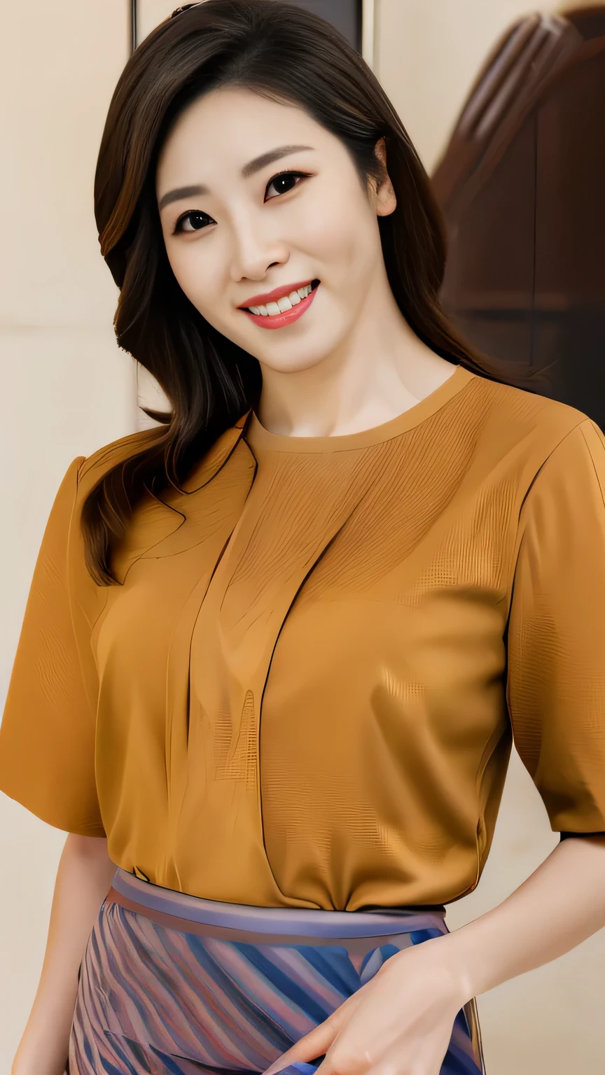 Japanese women、40 years old、Brown Hair、Elegant medium hair、Big smile、Close-up photo focusing on upper body、Blouse and high waist skirt、uhd, anatomically correct, textured skin, super detail, best quality, 8k