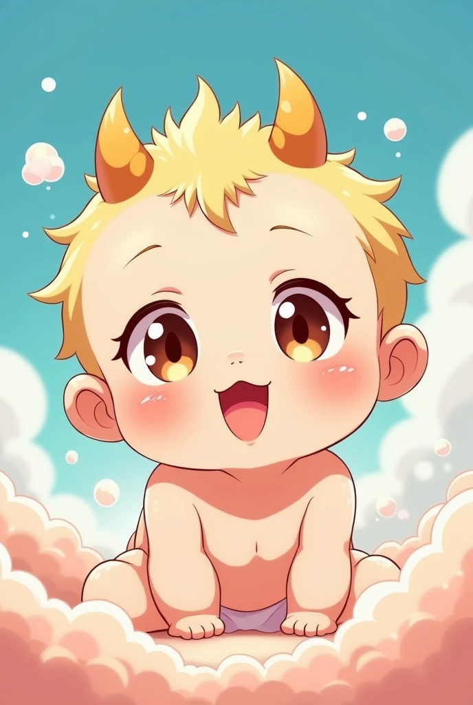 I want an image of a baby with adorable features and small horns in anime style can include big expressive and bright eyes and fluffy yellowish hair, without pointy ears