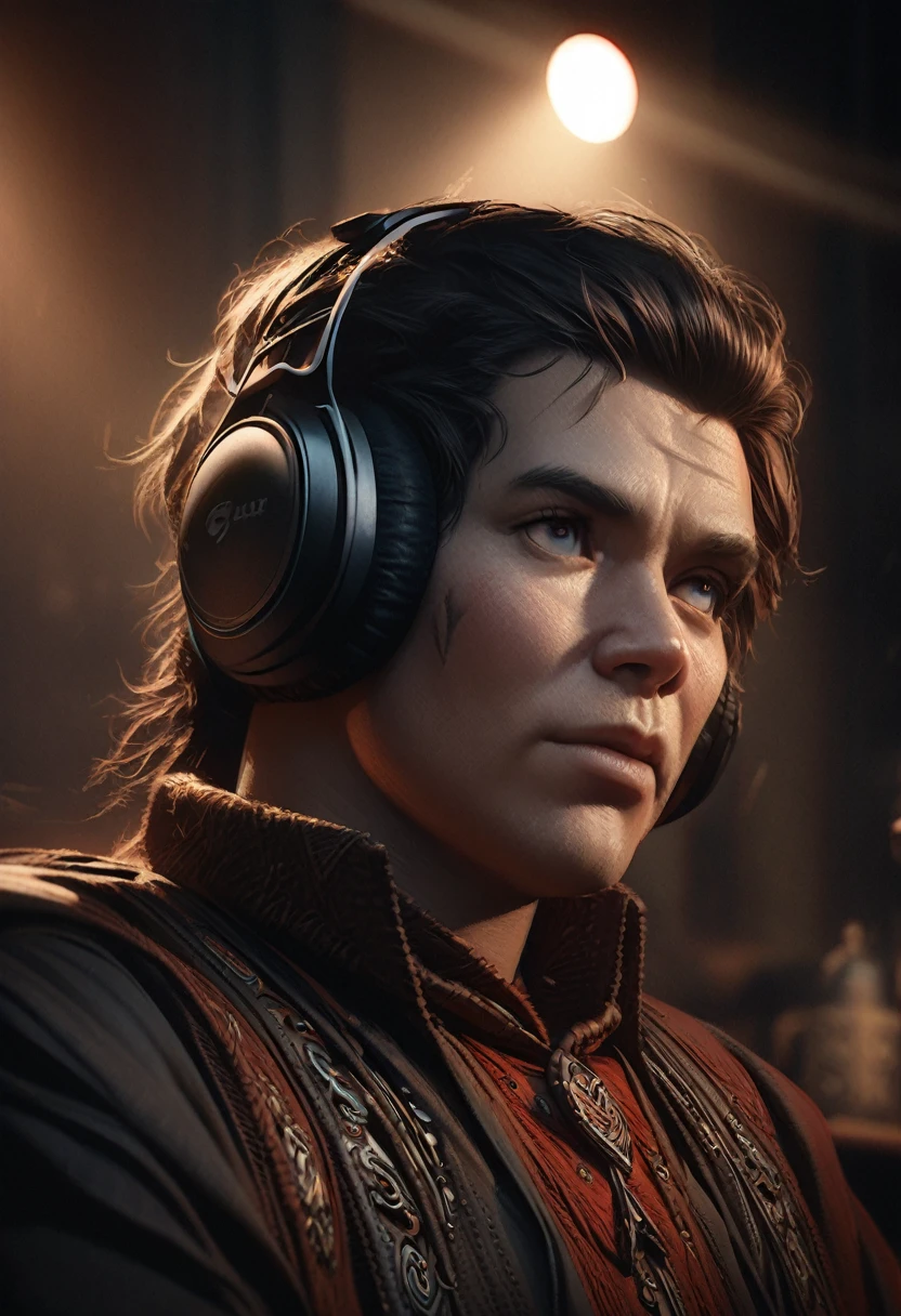 A photo-realistic portrait of Glenn Danzig wearing headphones and sitting in front of a podcast microphone, detailed facial features, expressive eyes, ornate clothing, dramatic lighting, cinematic composition, moody atmospheric setting, rich color palette, cinematic tone, realistic pixar style trending on artstation, sharp focus, studio photo, intricate details, high detailed, by greg rutkowski Phlegm