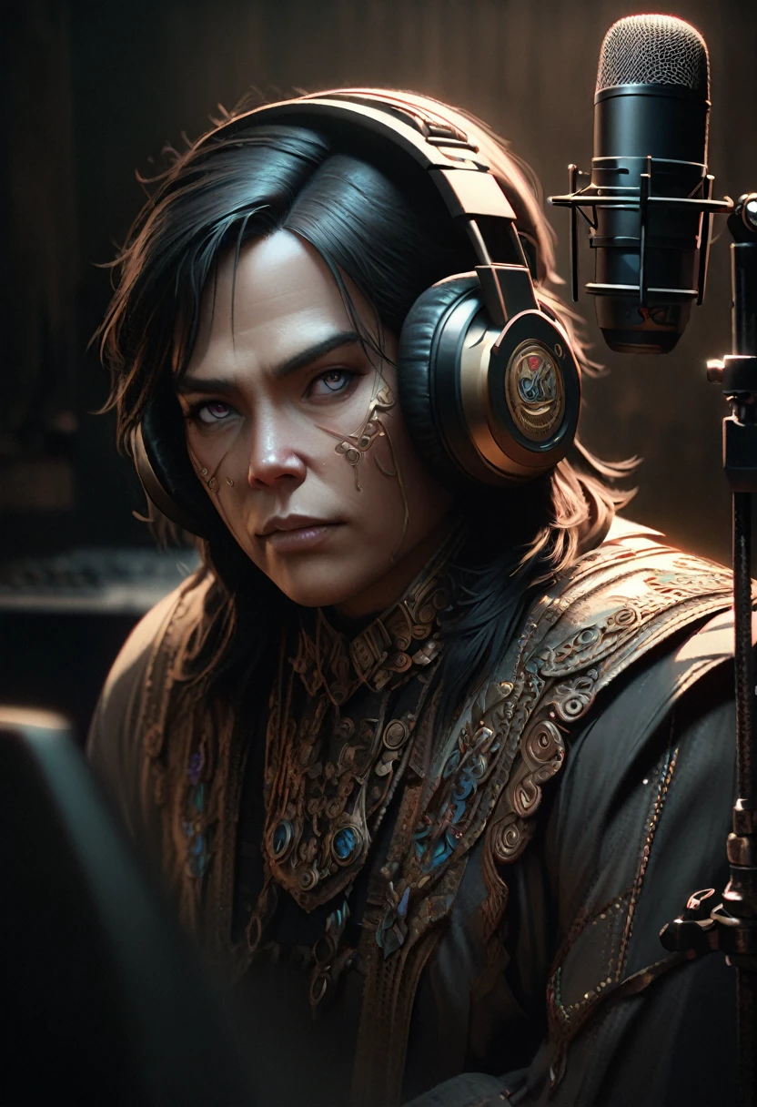 A photo-realistic portrait of Glenn Danzig wearing headphones and sitting in front of a podcast microphone, detailed facial features, expressive eyes, ornate clothing, dramatic lighting, cinematic composition, moody atmospheric setting, rich color palette, cinematic tone, realistic pixar style trending on artstation,  sharp focus,  studio photo,  intricate details,  high detailed,  by greg rutkowski   Phlegm 