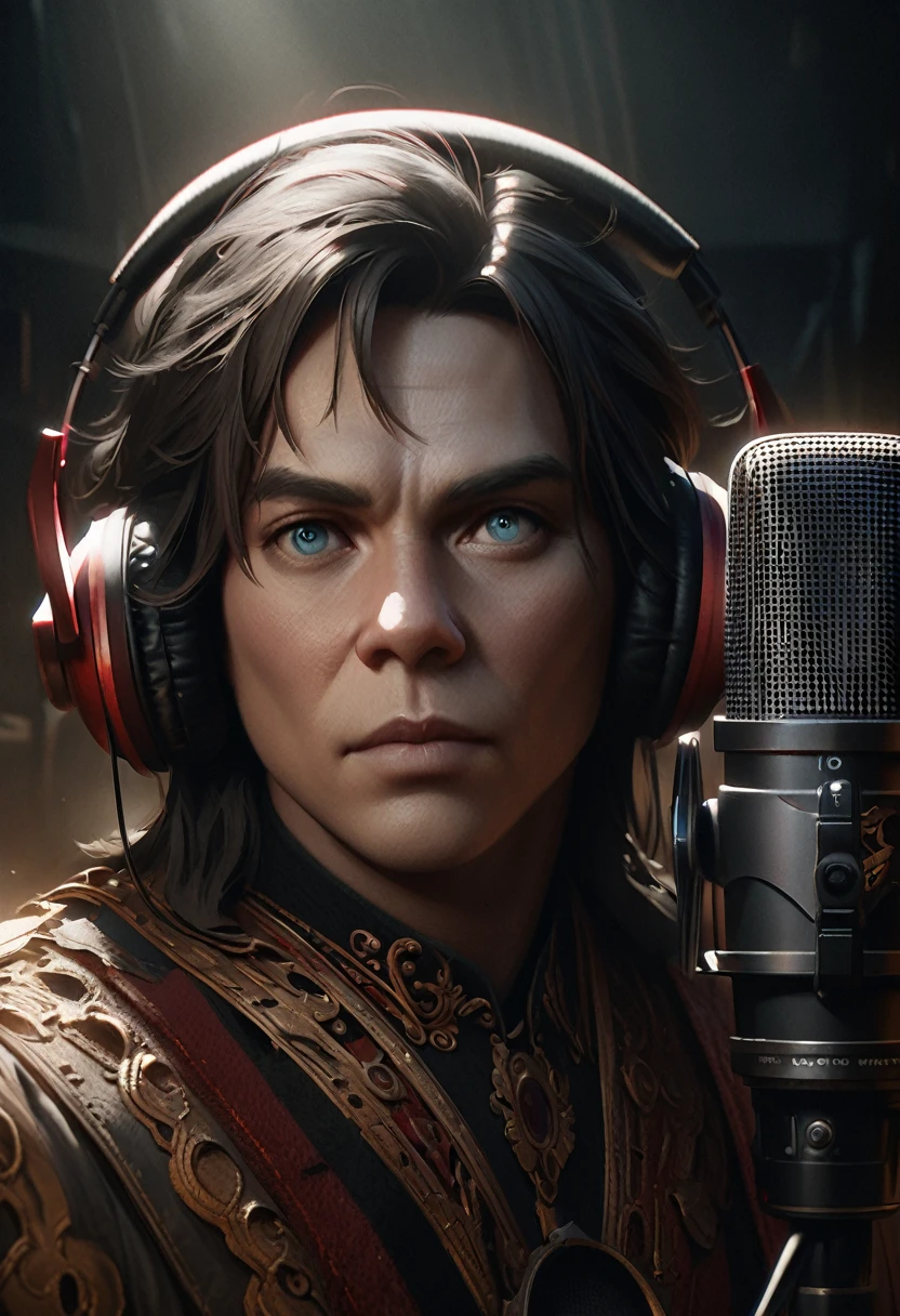 A photo-realistic portrait of Glenn Danzig wearing headphones and sitting in front of a podcast microphone, detailed facial features, expressive eyes, ornate clothing, dramatic lighting, cinematic composition, moody atmospheric setting, rich color palette, cinematic tone, realistic pixar style trending on artstation,  sharp focus,  studio photo,  intricate details,  high detailed,  by greg rutkowski   Phlegm 