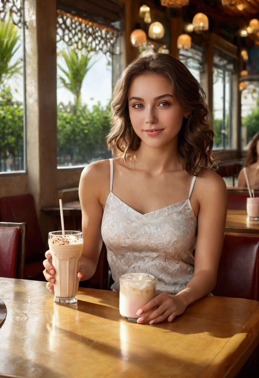 (masterpiece, best quality:1.5), highest quality, High resolution, super detailed, Realists, Full body photo of a young European brunette, detailed and beautiful brown eyes, very detailed eyes and face, longeyelashes, the young woman wears a long tank top with thin straps made of shiny satin and long tight pants, beautiful natural makeup, elegant and noble々Pose, Gardens as background, soft daylight, bright colors, fine brushstrokes, shiny fabric for clothing, beautiful color palette, glowing skin, First-class rendering, that captures every detail, enchanting atmosphere, subtle shadows and lights, (perfect anatomy:1.2), (The stunning young woman sits in a restaurant and is excited, Milkshake on the table (magnificent panorama view:1.2)
