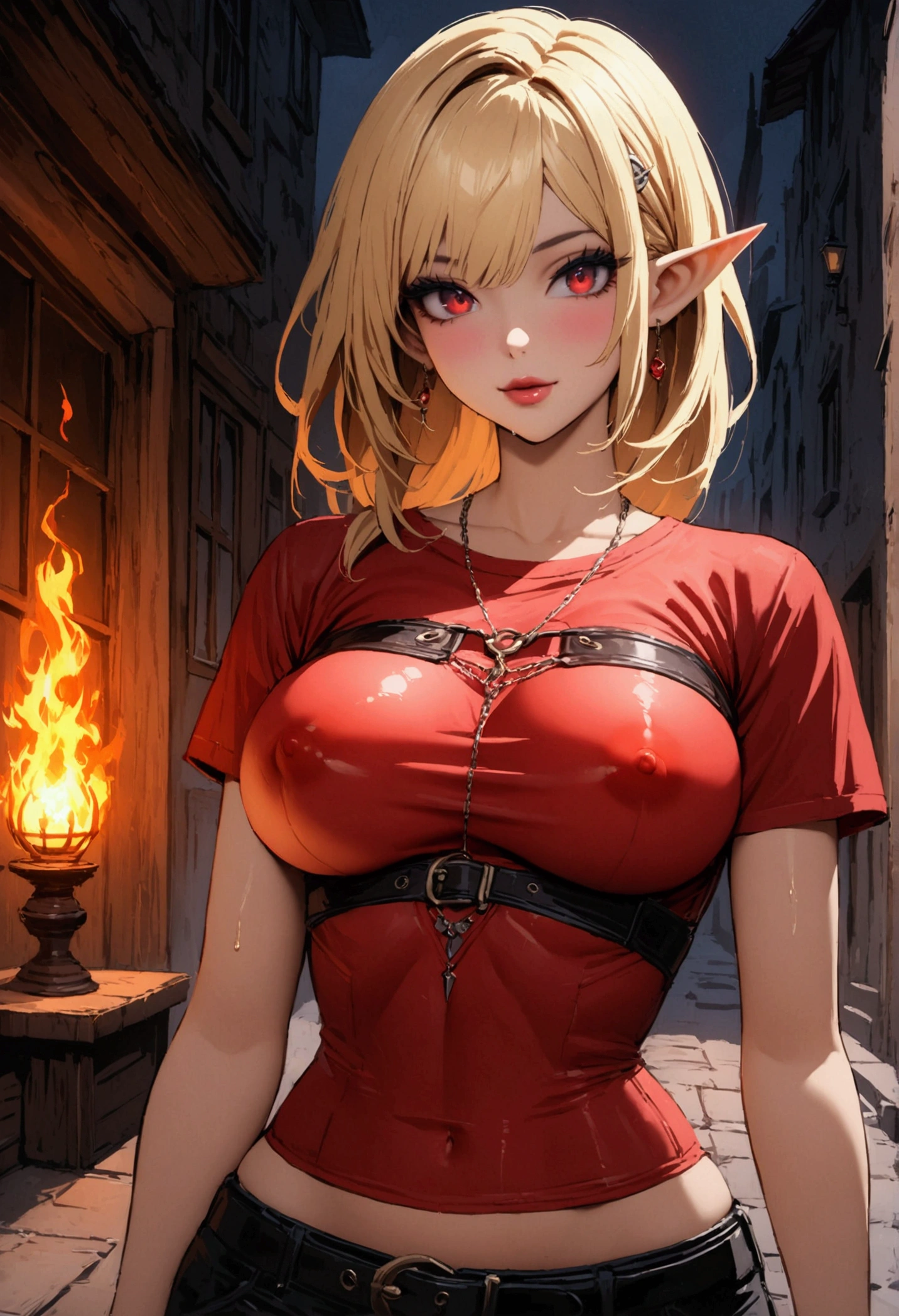 atmosphere oily dark rainy horror movie style animation 2.5D manga niji6 strong strokes oil paint art super details in the art jinxsuper big titis blonde sexy + rogue vampire elf hot xman girl in tight ripped red t-shirt beautiful perky breasts blue Sharingan orangefire Neon with red eyes with black tomoi in reality style photo realism maximum quality details super perfection latest generation graphic