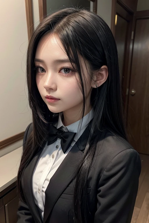 a woman in formal clothes with long black hair. anime styling
