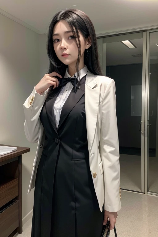 a woman in formal clothes with long black hair. anime styling