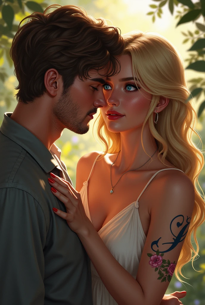 Generates a realistic image of a very pretty blue-eyed blonde lady with a tattoo of the letter A and a man with short wavy hair asking her to marry him