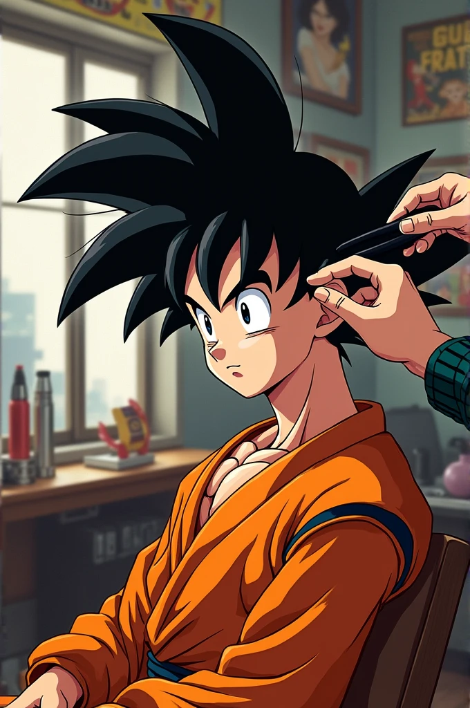 Goku getting his hair cut at the barbershop 
