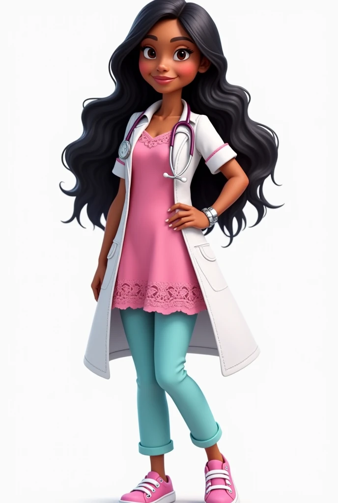 a disney pixar style nurse, in a pink dress with long black hair, with stethoscope, white coat with lace, baby blue pants, relogio no pulso, light mulatto skin, very long, very black, straight, wavy hair , pink sneakers background png