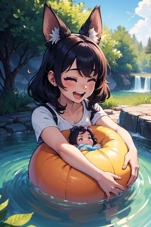 Cute baby round baby girl, Smaller one, With cute ears, Happy laughter, Purple water spirit&#39;s big eyes, A sea of pale green fairy-colored roses, Yellow background, Sunshine pours down, Fairy tale world, HD Dinis, Super Details, Wearing a beautiful wreath, Playing with dad at the amusement park,