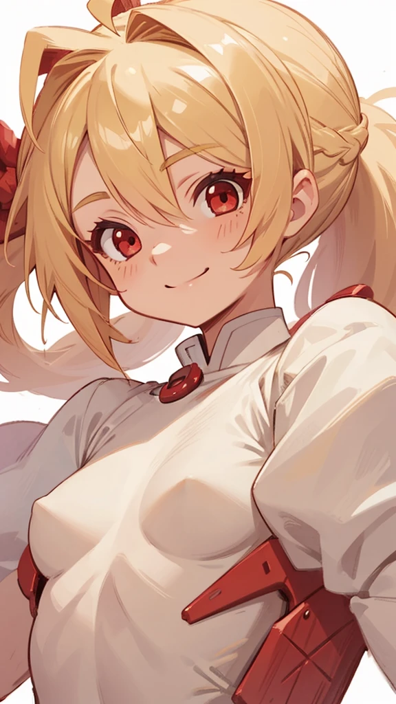 1 Female、Small breasts、Blonde ponytail、Round red eyes、smile、smile、Ahoge、Upper body close-up、A detailed red rider's jacket、Wear a big jacket、Cinematic Light、blue sky、Park Background