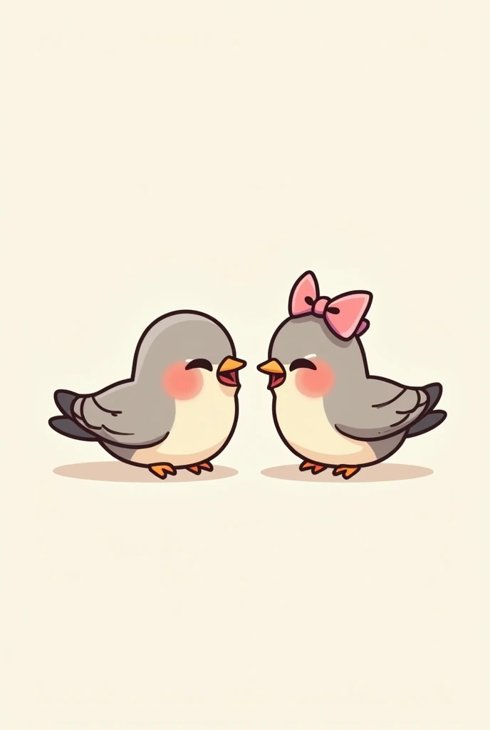 Two pigeons laughing, one has a pink bow on her head