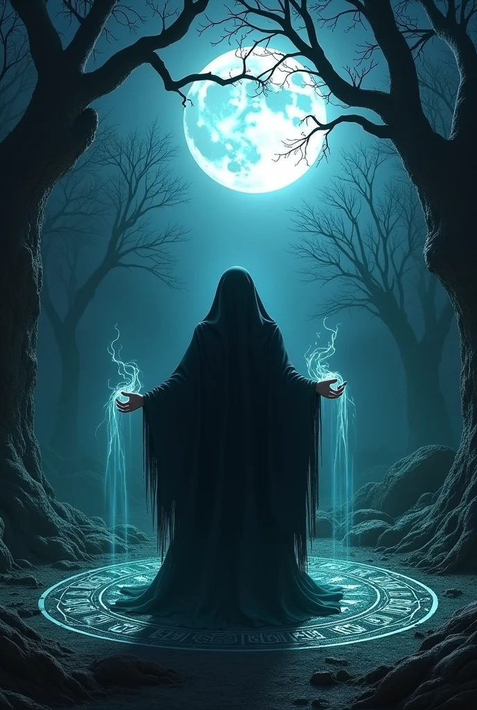 Witch in a night ritual with a full moon