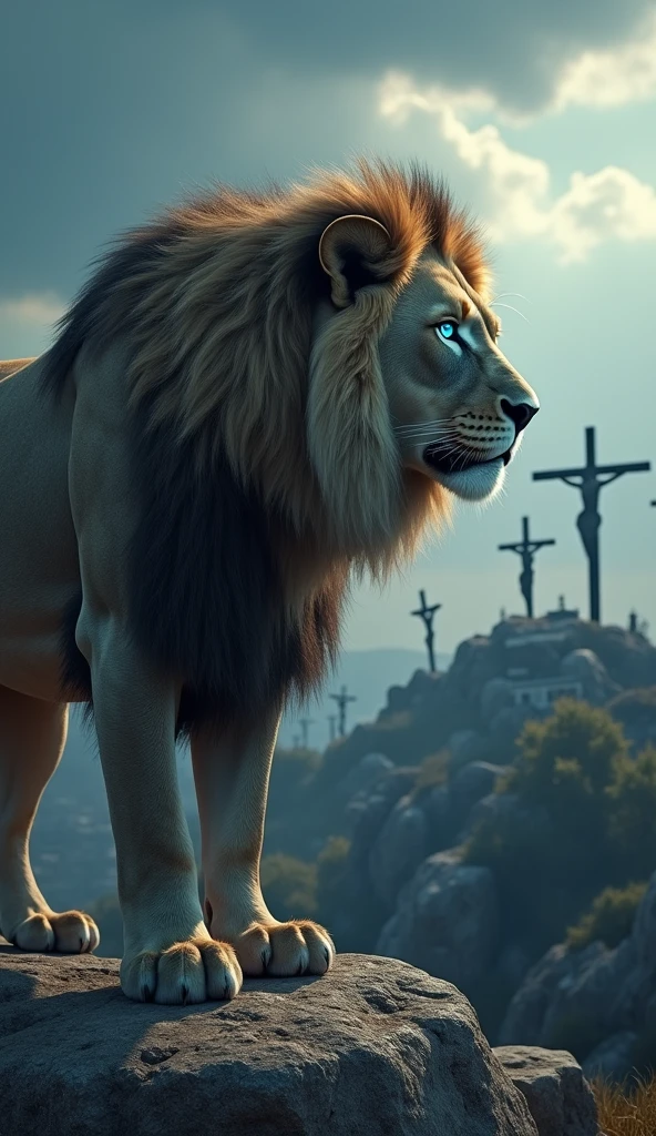 Generate a super realistic 8k 6d image of a very strong and beautiful lion with blue eyes looking at jesus on calvary 