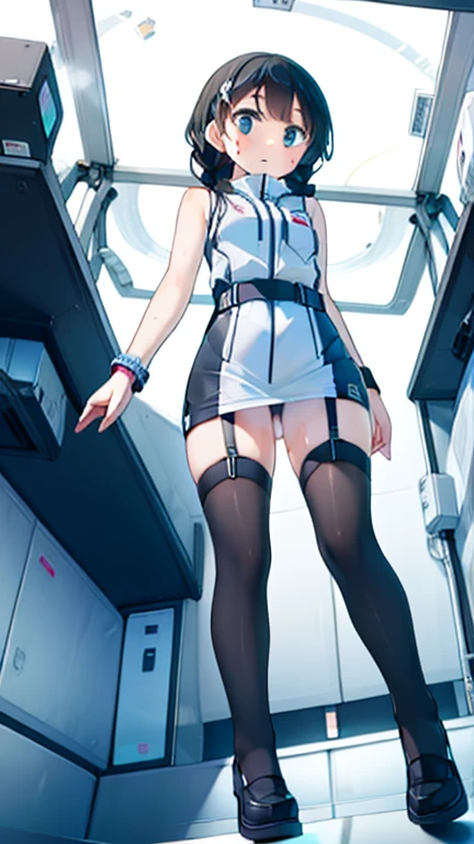 (Highest quality), (masterpiece), 1080P, High resolution, 4K, 8k, Inside the space station、Futuristic room、Thigh straps, Shooting from directly below, The woman on top of me, 白いSweat, Covered , Sweat, Woman looking down, Skirt swimsuit, Thigh-high socks, To achieve this, , , whole body, Black leather shoes, Braided hair, Inner Color, Embarrassed face, Short black hair, bracelet, Bedroom,celestial body_Vest
