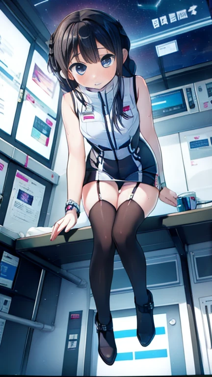 the anime character is in the office and is removing her jacket, as if getting ready to go outside, 1girl, monitor, panties through pantyhose, skirt, cup, sweater, black hair, sitting, id card, long hair, keyboard (computer), office lady, blurry, breasts, sleeveless, pencil skirt, desk, black skirt, bare shoulders, undressing, jacket, looking at viewer, blush, underwear, bra, chair, armpits, shirt lift, breasts, spread legs, no bra, dynamic view, random view