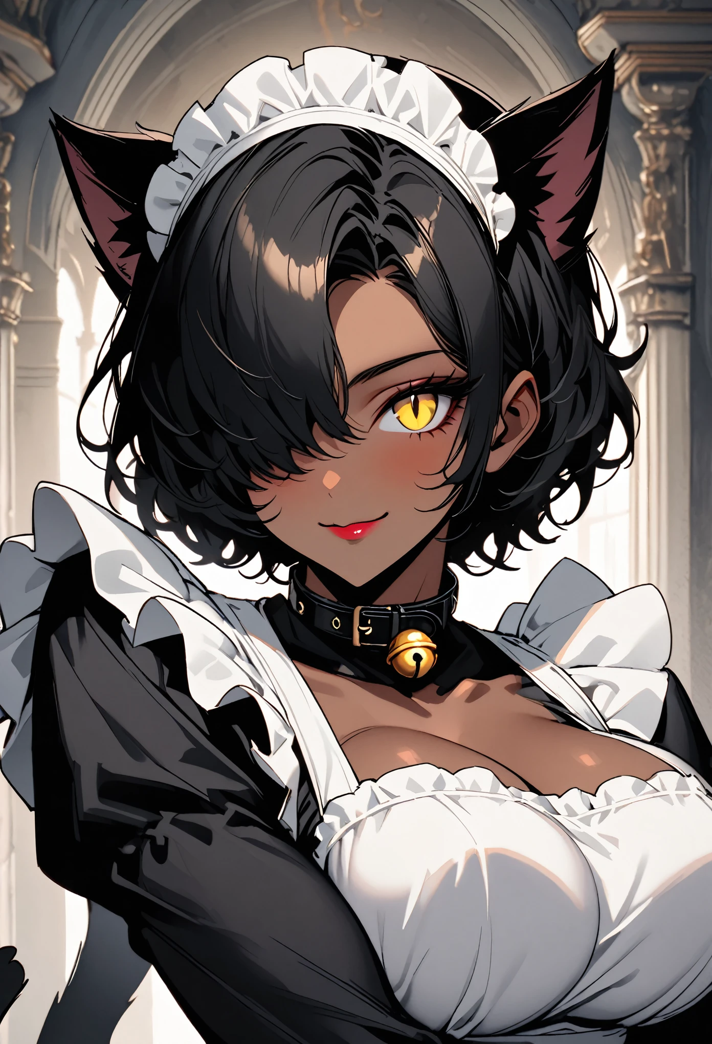 huge solo female, mansion, muscular, short black hair over one eye, yellow eye, slit pupil, cat ears, cat tail, maid, muscular, broad shoulders, very large breasts, gentle smile, servile, cat bell collar, puffy collar, long sleeves, dark skin, close up, modest conservative clothes, fluffy apron, covered breasts, white gloves, cute pose, close up