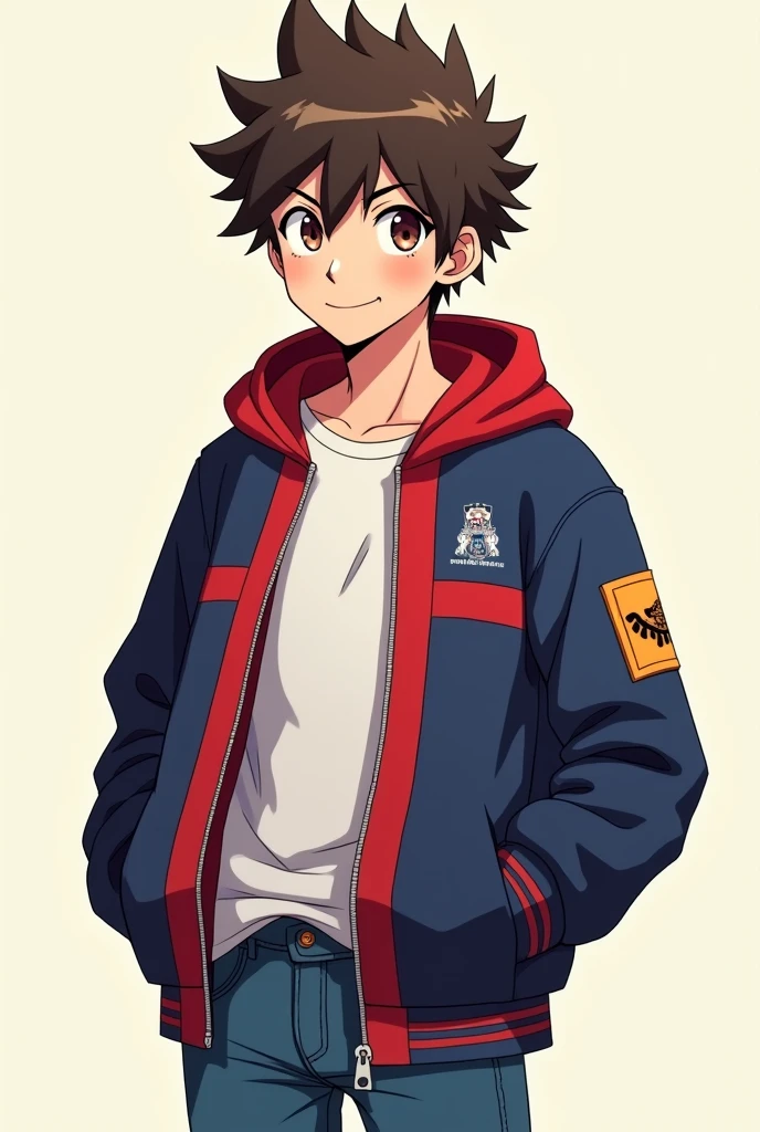 Well, I leave it like this,
Only with the drawing style of the My hero academia anime,
Create the image of a 16-year-old American boy, with brown hair and brown eyes, that his clothing be a red and blue jacket, and his jeans