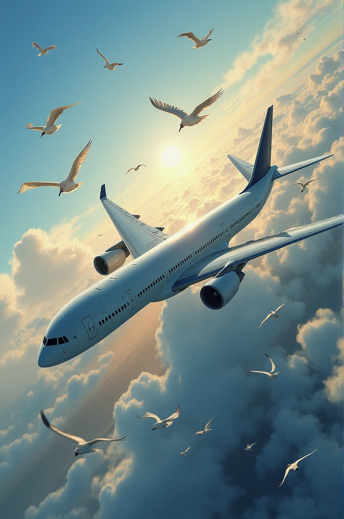 Realism painting of an airplane mixed with birds, flying in the sky.
