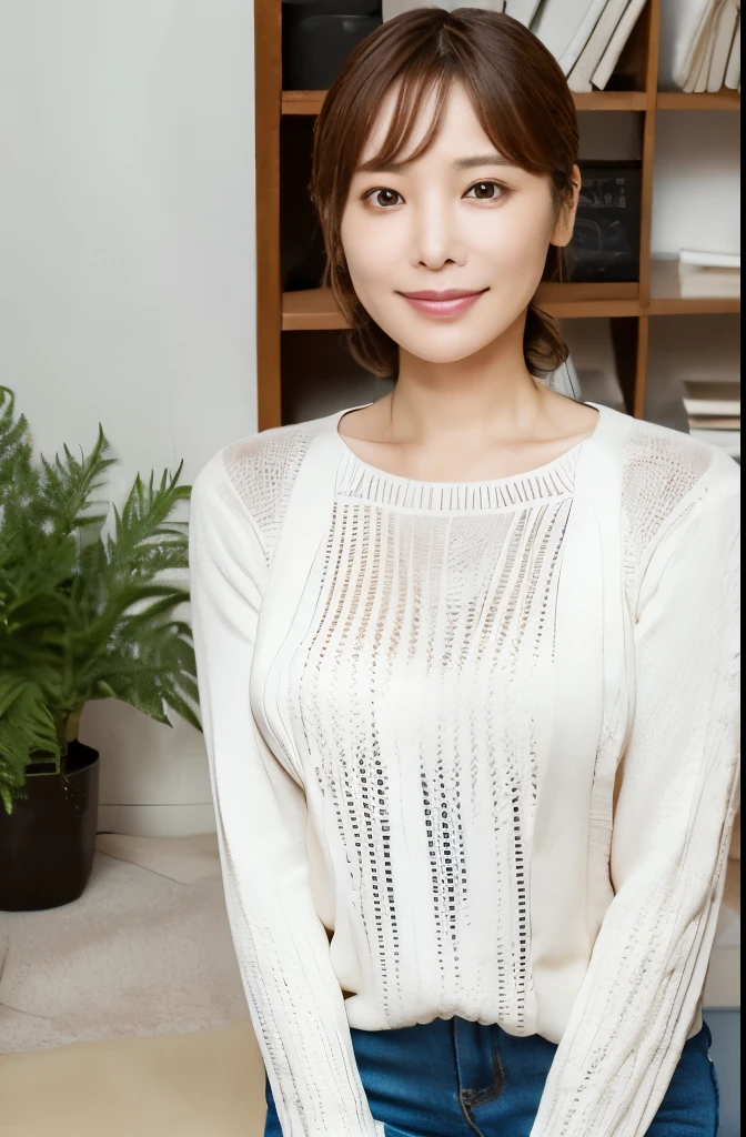 Masterpiece, Photogravure, High quality, Ultra-high resolution, 8K, Realistic, (Intricate details: 1.2), A skinny Japanese actress, 40 years old, {short|long} hair, cute face, detailed face, beautiful eyes, detailed eyes, small breasts, hourglass figure, anatomically correct body structure, (wearing a loose knit camisole next to the skin: 1.4), obscene pose, (tilted head: 1.2), looking into the camera. a photo captured at a refreshing room filled with sunlight, white floor, white walls, house hold items, (plants: 0.8), in summer. Top view photo, full-body photo