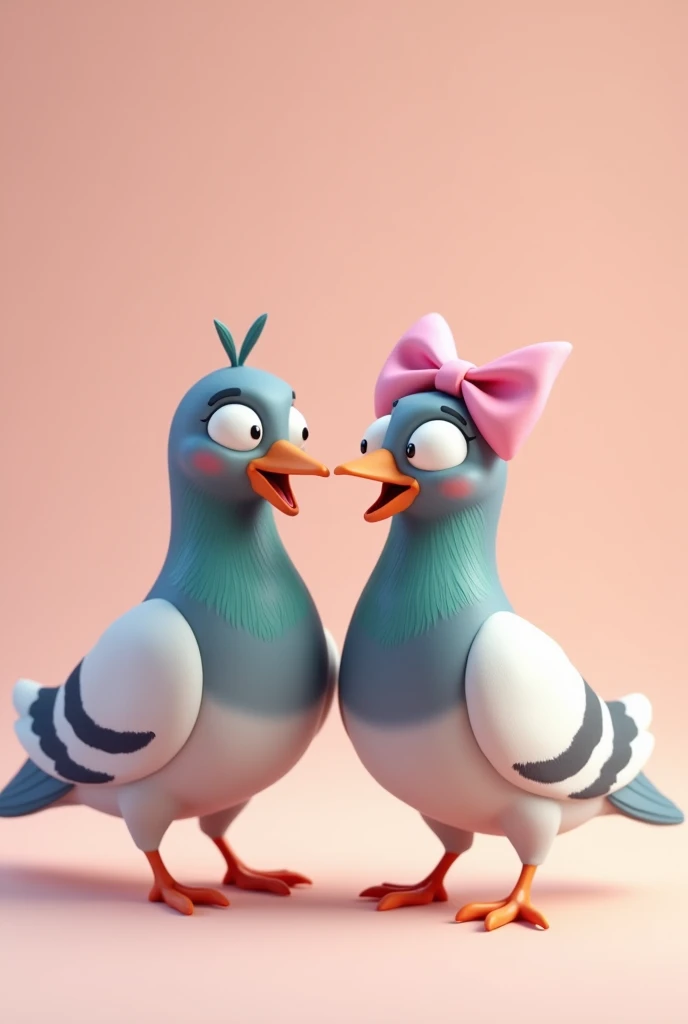 Two pigeons laughing a lot, one has a pink bow on her head 3d style