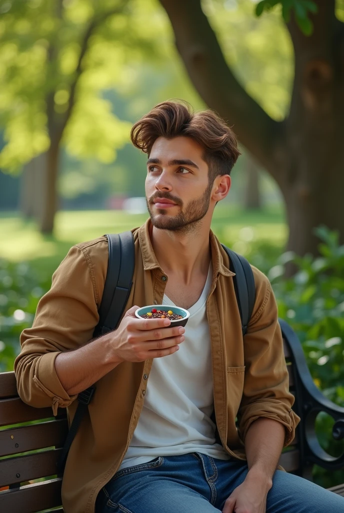 realistic man 25 to 35 years old, in park, salmonete, chestnut hair, brown eye eating acai in a cup in the park, ultra HD, high qualiy, best qualityer, high resolution, 8k, 16K