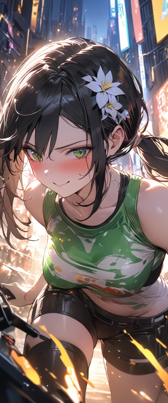 cyberpunk style black hair woman, city night background, low ponytail, hair flower, emerald green eyes, nervous smile, action painting, cinematic lighting, sparkle, anatomically correct, masterpiece, high quality, high details, best quality