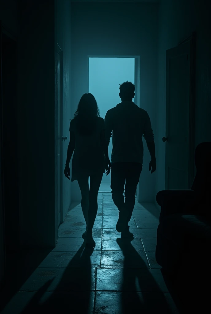 A woman and a man going into a dark room