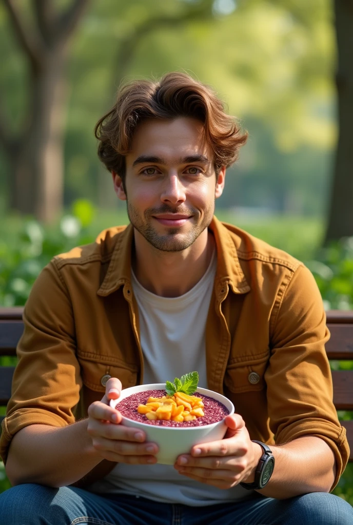 realistic man 25 to 35 years old, in park, salmonete, chestnut hair, brown eye eating acai in a cup in the park, ultra HD, high qualiy, best qualityer, high resolution, 8k, 16K