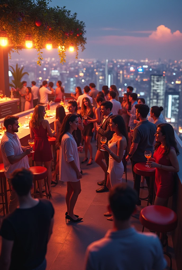 People Party rooftop bar, hyperrealistic