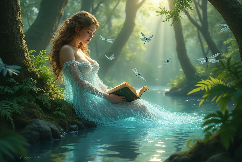 Realistic fantasy image : a beautiful woman transparent like made out of water, reading a book, surrounded by dragonflies in a forest. The woman should not be too thin and should not wear a wedding dress