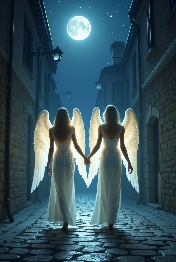 In the stillness of a moonless, starry night, two divine angels, appearing as majestic humans, walk side by side down a quiet, ancient street. Their wings are gently folded, barely touching, and glow with a soft, ethereal light that casts a serene, otherworldly aura. The cobblestone path beneath them reflects their glow as they move with purpose through the dark, narrow alley. The stone walls of the surrounding buildings absorb the light, creating a play of soft shadows and highlights, as the angels' presence brings a sense of calm and power to the silent night."