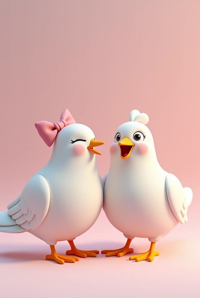Two pigeons laughing a lot, one has a pink bow on her head 3d style