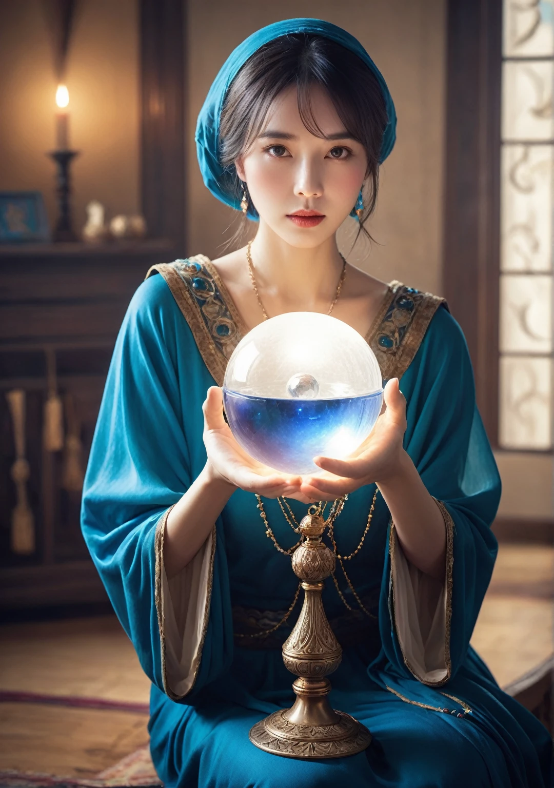 Female fortune teller. Body and face orientation: front. Charm, Beautiful and mysterious. She is wearing a blue cape、Have a clear face. Shining brightly, Filled with anxiety and anticipation. A fortune teller is standing. He is holding a slightly large crystal ball in each hand.. The lighting in the room is bright, Create a fantastic atmosphere. Best image quality, 4K or 8K resolution. Extremely fine detail、It's as real as a photo. Artistic style is、It should reflect the formula's aesthetic with bright colors and strong contrast。. The color palette should emphasize the mysterious and mystical theme of the piece.. The fortune teller's cloak is decorated with metal ornaments and intricate designs., Thickness ratio 1.5. The overall atmosphere is great、It's magical; The cloak is a symbol of the mysterious and mystical.. The fortune teller's facial expression should arouse mystical interest..