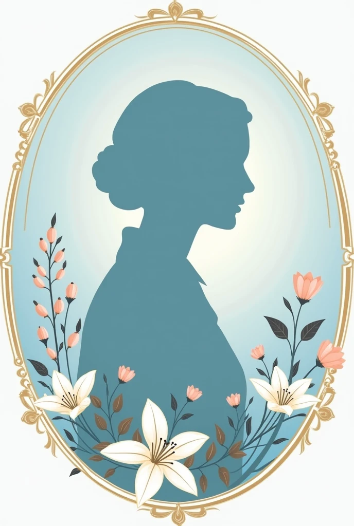 Badge other than round shape of Saint Florence Nightingale and gilt edges 1. **Nursing lamp**: Represents medical light.
2. **flores** and petals : Flowers can symbolize life, hope and care.
We could include lilies or other flowers 3. **Silhouette de Florence Nightingale**:
A photo of him in the center 4. **Star or cross**: To symbolize medical care and commitment to health.
5. **colors**: Soft tones like light blue  (representing calm and confidence) and the white (which symbolizes purity and attention).