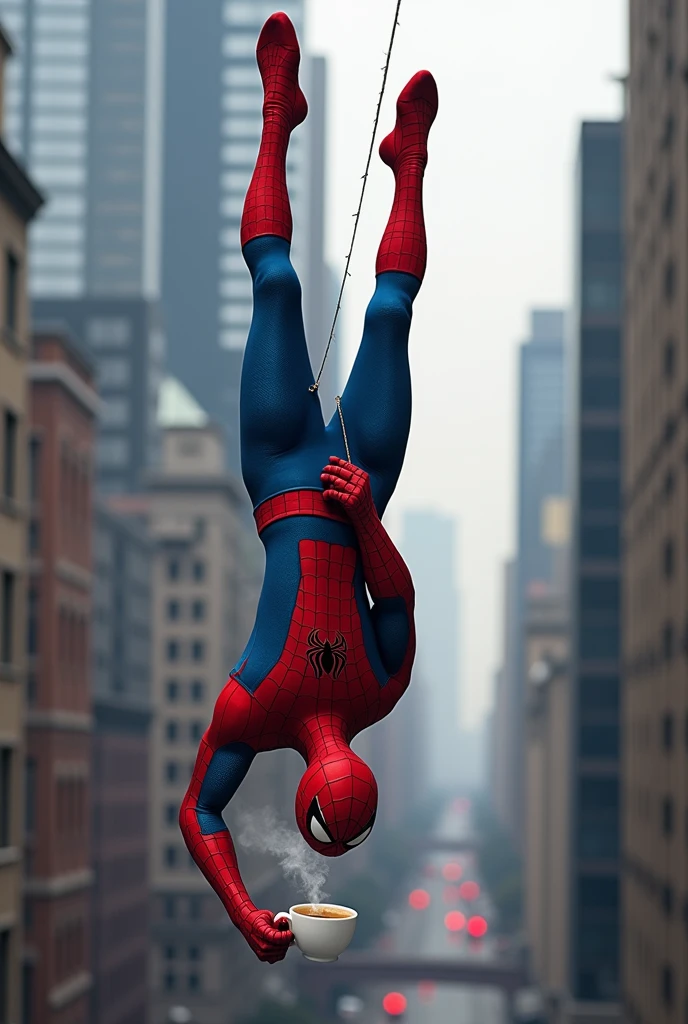 I want you to create an image of Spiderman hanging upside down drinking coffee