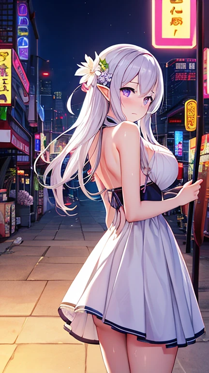 masterpiece, Best Quality, very aesthetic, absurdities, 1 girl, maduro_Agitate,Huge size , grabbing her own breasts,ashamed,blush,tears in eyes, sweat,(Cum on breasts), ,Emilia_(re:zero), re:zero_cane_hajimeru_isekai_Seikatsu, 1 girl, elf, pointed_ears, white_hair, long_hair, purple_eyes, hair_flower, hair_ornament, hair_Love, purple_Love, fair_back, dress, flower, joya, green_joyastone,Cyberpunk City, Street, evening, Neon light, neon sign,,floating water drops,