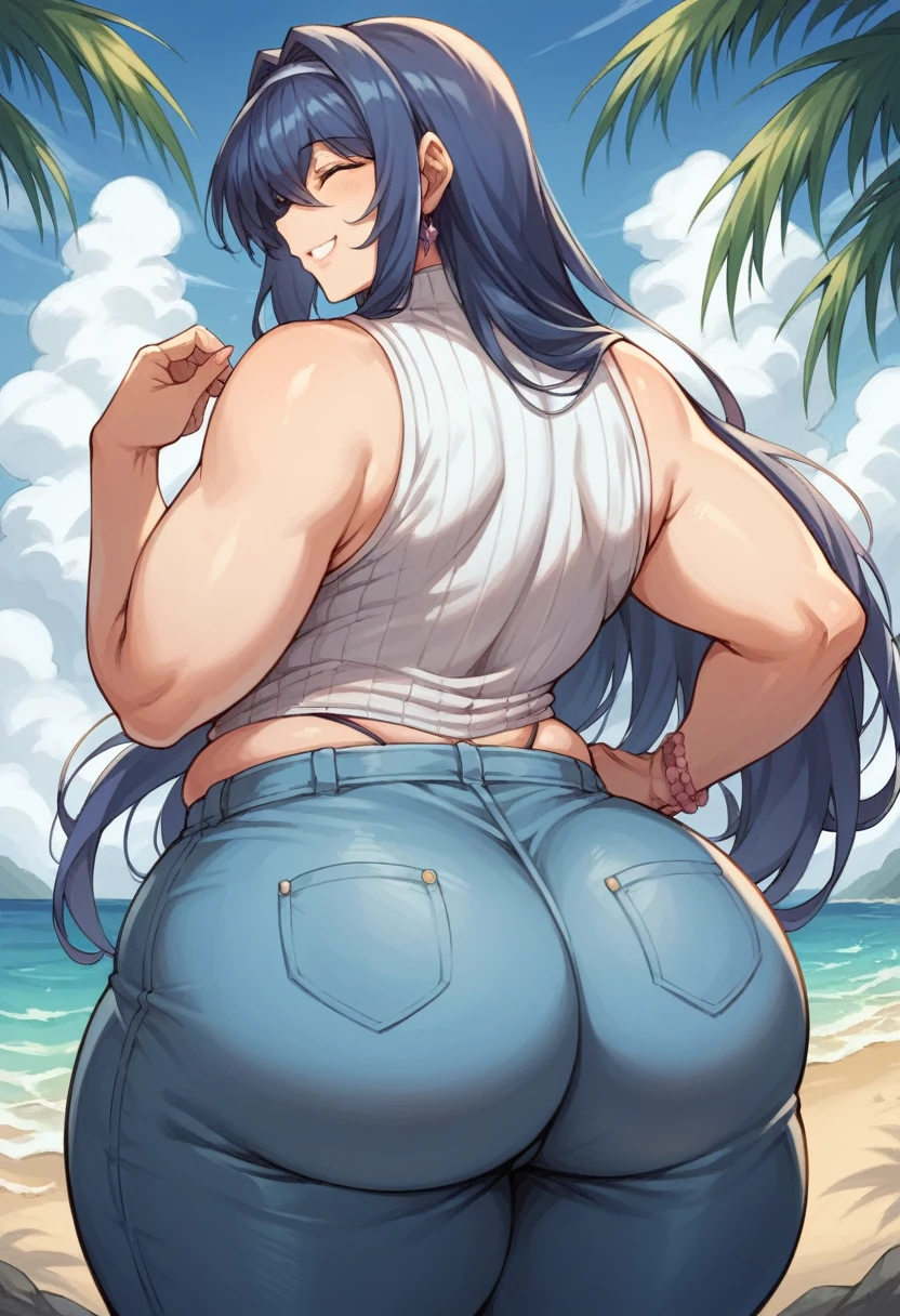 Score9, Score_8_up, Score_7_up,((beach in front of the sea shore)) mature woman,mature woman,aki nijou,long hair,1 girl, alone, (giant ass: 1.3), (thick thighs: 1.2), huge thighs, (wide hips: 1.2), cleft in the skin, smile, happy, (sleeveless top, pants short: 1,2), thighs and blunt, plump