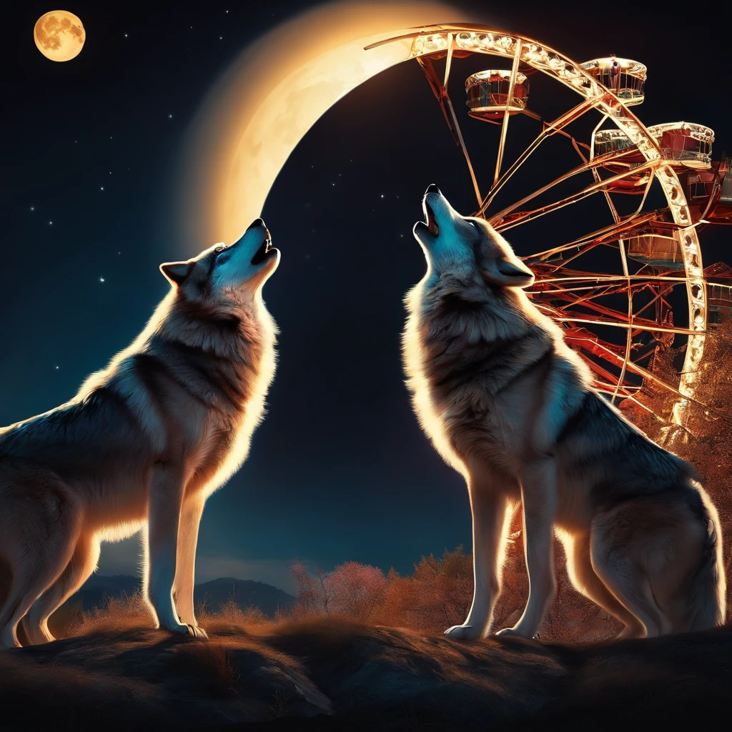 Two wolves staring at each other ,the moon and swallows flying ,a ferris wheel in the background
