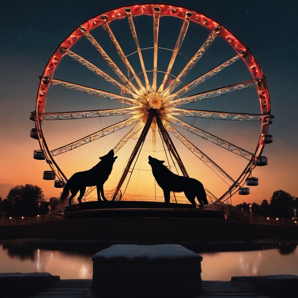 Two wolves staring at each other ,the moon and swallows flying ,a ferris wheel in the background