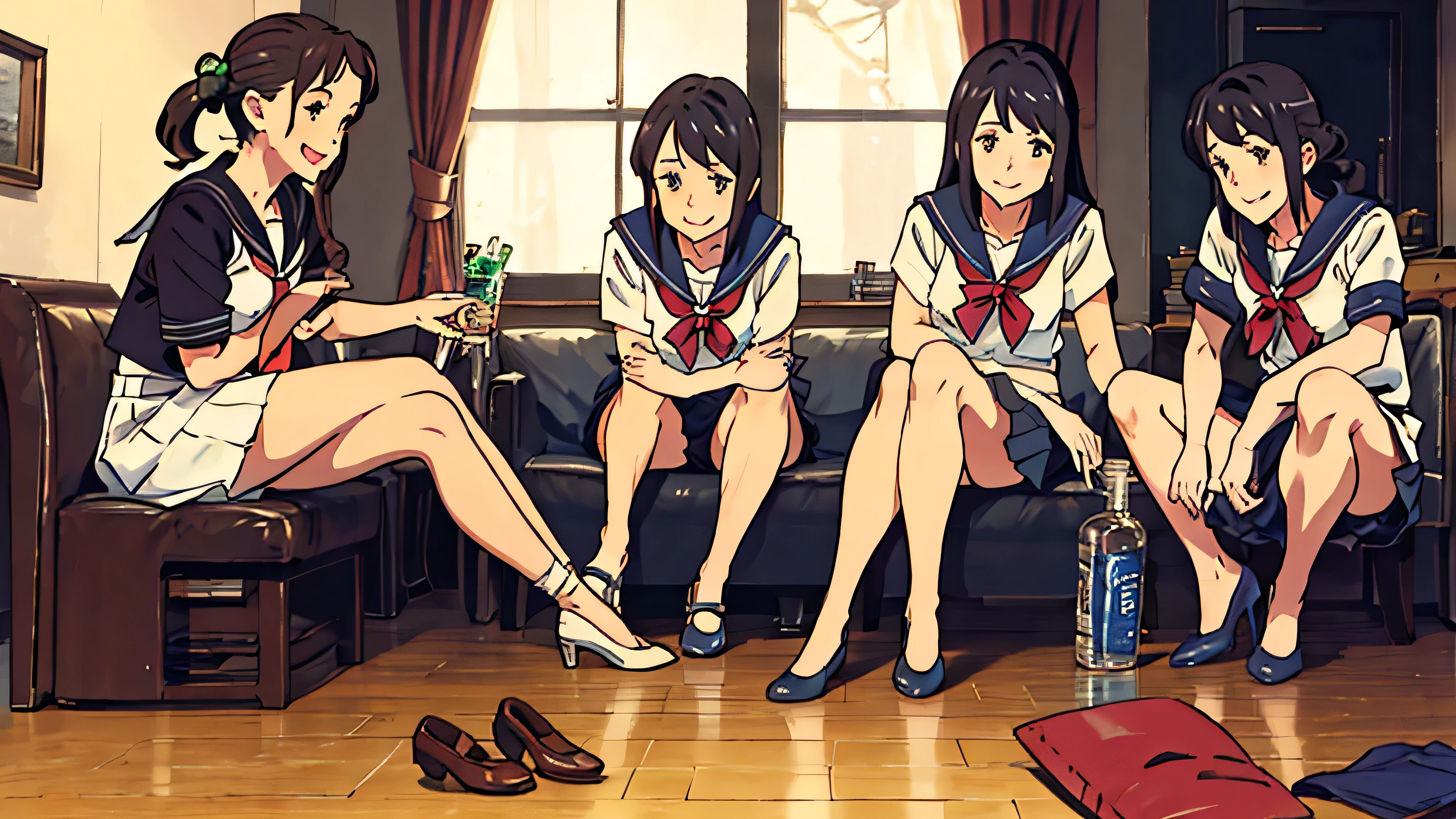 shinkai makoto, Kimi No Na Wa., 
Detailed Background、Beautiful and elaborate face、Beautiful, smooth skin、Skin Texture、Beautiful age girl、((Three beautiful girls))、Short black hair、Cute hairstyle、smile、Laughter、sexual expression、Sailor suit,Pleated skirt,Nipples,Nipples,Pussy,Pussy,Indoor shoes,Spread your legs,Show your crotch,,Open up,Pussyひらく,Love juice,,