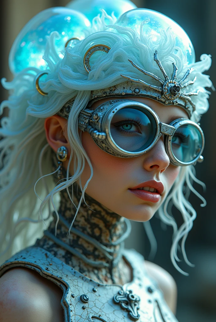 Ethereal Cyborg Woman, bioluminescent jellyfish tiara. Steampunk goggles merge with translucent tentacles. Cracked porcelain skin meets iridescent scales. Mechanical implants and delicate tendrils intertwine. Human characteristics with an otherworldly glow. Dreamy aquatic tones contrast with aged metal. Reflective eyes capture invisible worlds. Gentle bioluminescence meets a harsh desert landscape. Fusion of organic and synthetic, ancient and futuristic. Hyper-detailed textures, surreal atmosphere.