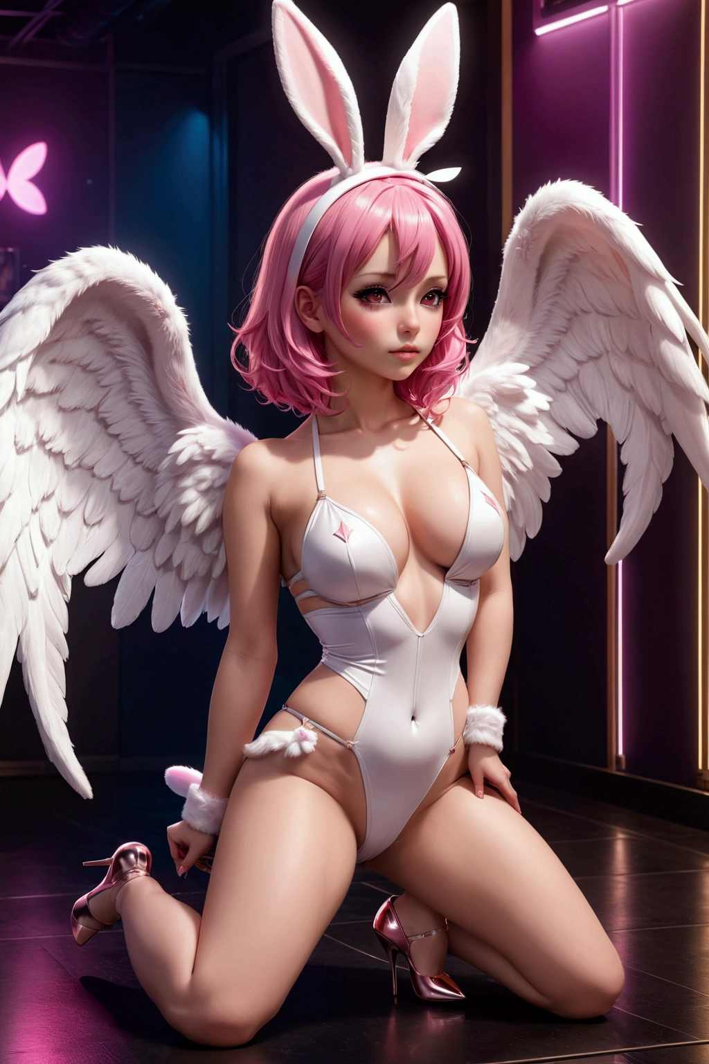 masterpiece,Highest quality,Pink Hair,bangs,Bob,nurseキャップ,Big Breasts,sexly,vagina,(nurse),((Hands up)),(Angel wings on shoulders),(Spread your legs:1.2),Cemetery at night,