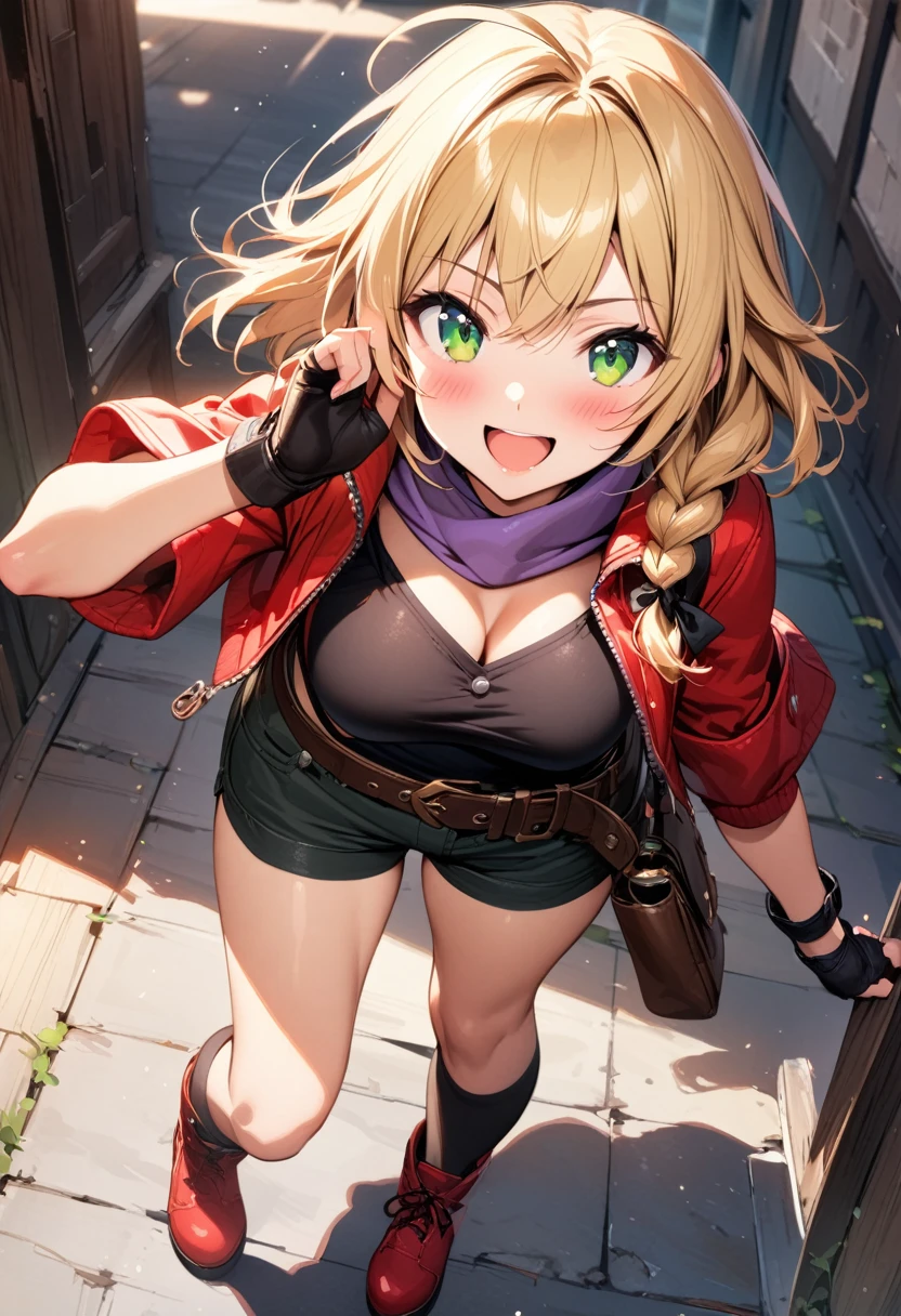 (masterpiece),(best quality),(ultra-detailed),(best illustration),(best shadow),(absurdres),(detailed background),(very aesthetic), 1girl, solo, blonde-hair, braid, boots, ahoge, shorts, gloves, fingerless-gloves, open-mouth, belt, socks, red-jacket, smile, breasts, black-socks, scarf, single-braid, reverse-grip jacket, side-braid, cleavage, medium-breasts, simple-background, kneehighs, green-eyes, looking-at-viewer, cropped-jacket, purple-scarf, bandana, red-footwear, kirisame-marisa, blush, knee-boots, standing, short-hair, open-jacket, shirt, black-gloves, :d, short-shorts, short-sleeves