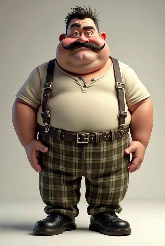 shorty , paunchy ,brown guy in plaid pants and suspenders, black boona shoe and mustache