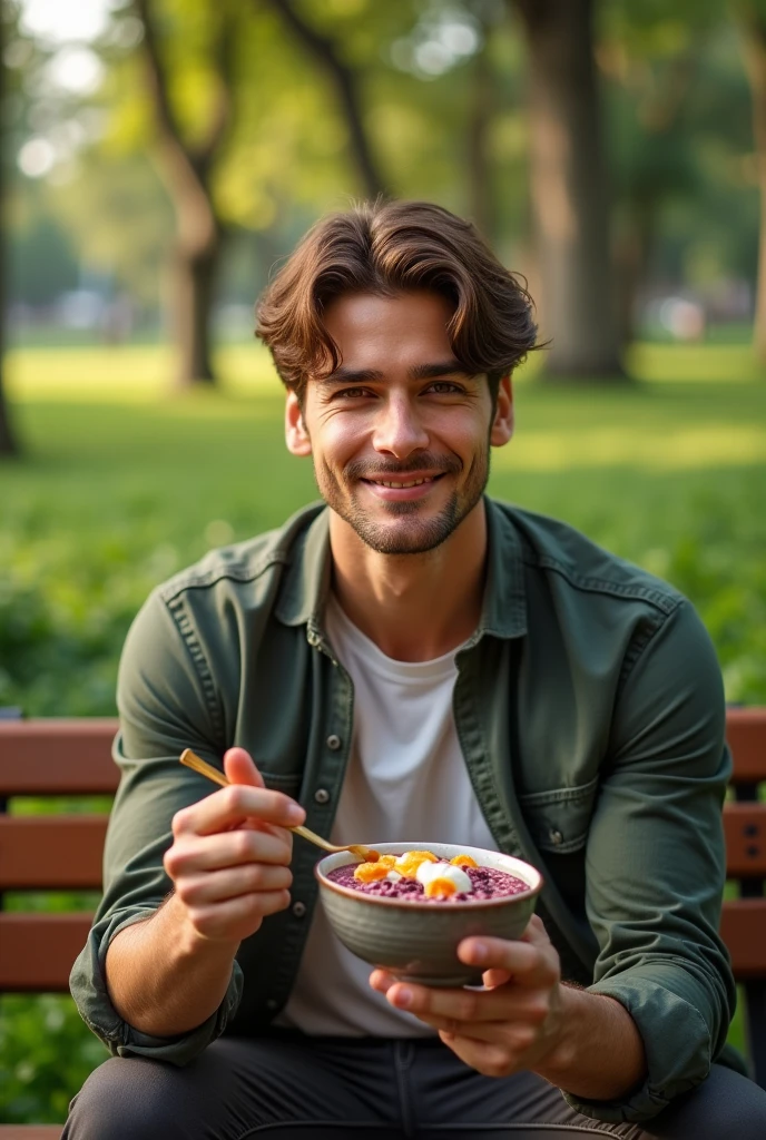 realistic man 25 to 35 years old, in park, salmonete, chestnut hair, brown eye eating acai in a cup in the park, ultra HD, high qualiy, best qualityer, high resolution, 8k, 16K