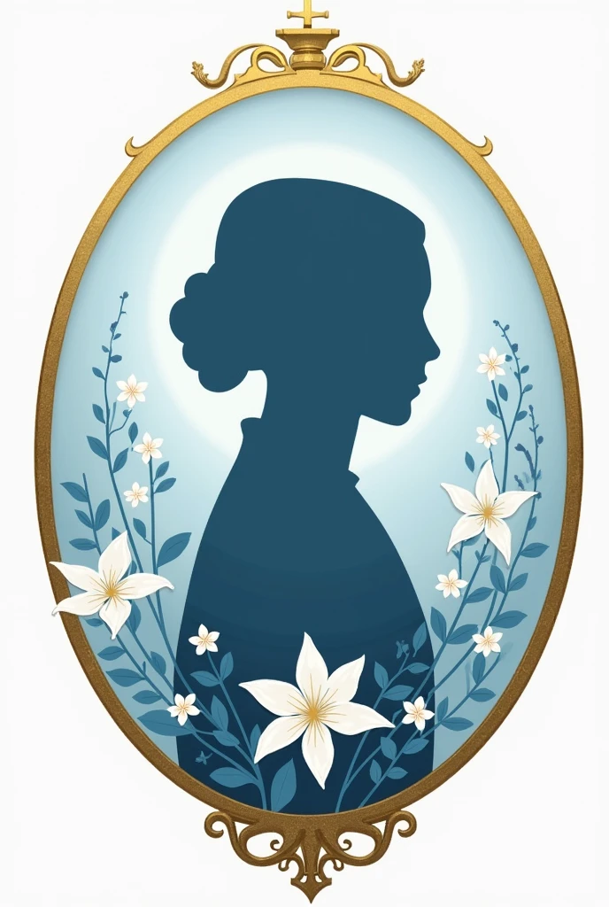 Badge other than circular shape of Saint Florence Nightingale and gilt edges 1. **Nursing lamp**: Represents medical light.
2. **flores** and petals : Flowers can symbolize life, hope and care.
We could include lilies or other flowers 3. **Silhouette de Florence Nightingale**:
A photo of you in the center where you can see your whole face 4. **Star or cross**: To symbolize medical care and commitment to health.
5. **colors**: Soft tones like light blue  (representing calm and confidence) and the white (which symbolizes purity and attention).