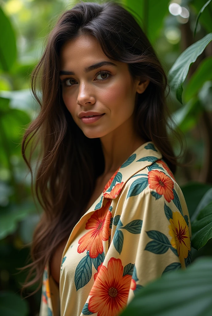 A Brazilian woman in a lush tropical garden, wearing an open shirt with a floral print, with a close-up capturing the harmonious beauty between her breasts and the natural flowers, showing off your natural charm and outgoing personality.
