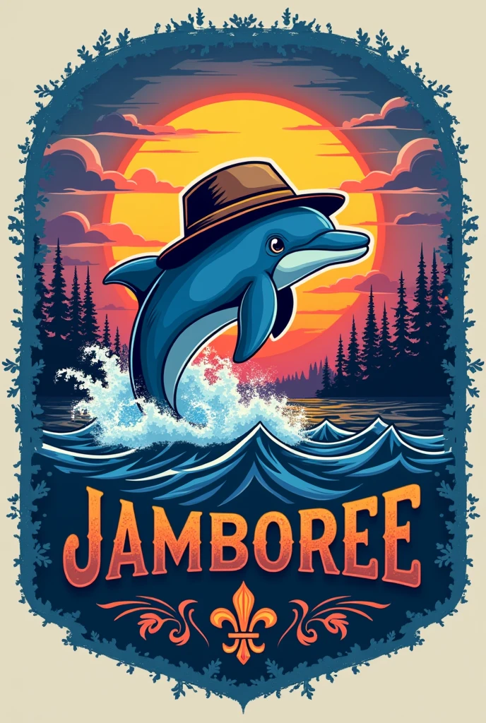 A flannel logo featuring a dolphin wearing an explorer&#39;s hat coming out of the water, with a sunset in blue and purple tones, and below have a text box in capital letters that says JAMBOREE 2024 with a fancy font, Below it has a fleur-de-lis and is framed Using this image created