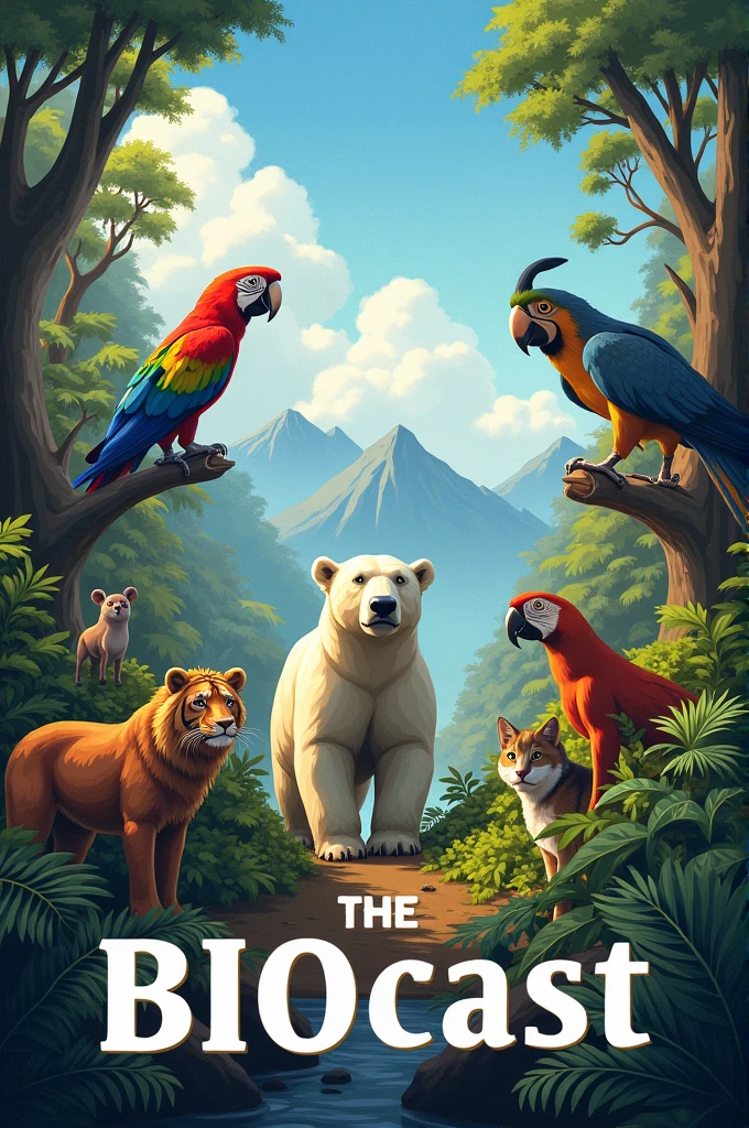 Hello, good afternoon! Por favor, create a cover illustration for a podcast about animals and biomes, The name of the podcast is "biocast"